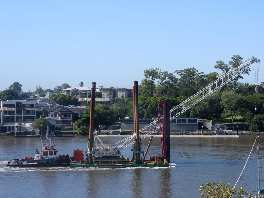 ‘MAY’ and Crane Barge heading upstream ~ 18 Feb 2022 – crane barge later in trouble during the flood