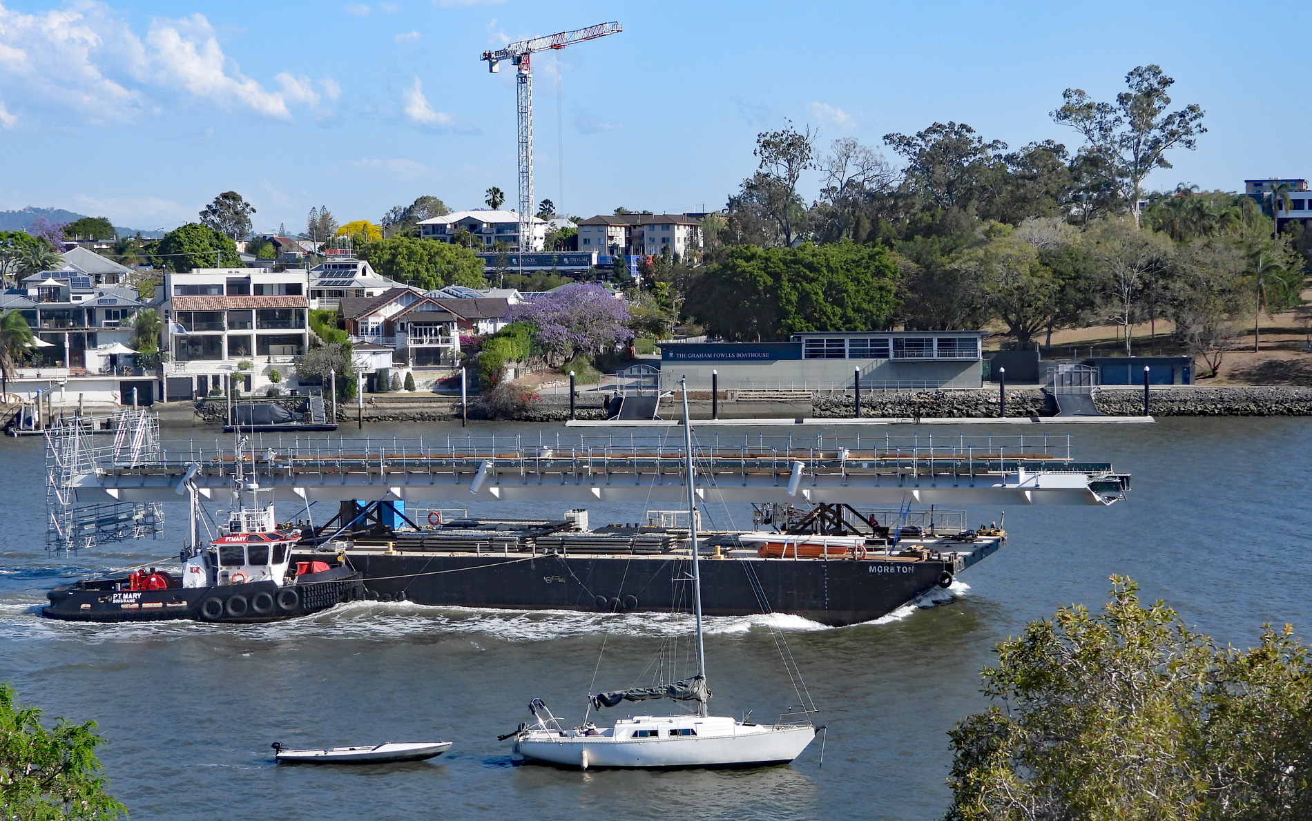 Tugboat MARY & barge Moreton with sections of New KP Bridge ~ 13 Oct 2023